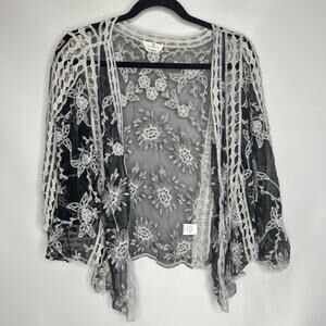 Ember Kimono Sz Medium Open Cardigan Black White Lace Boho Festival Cottagecore